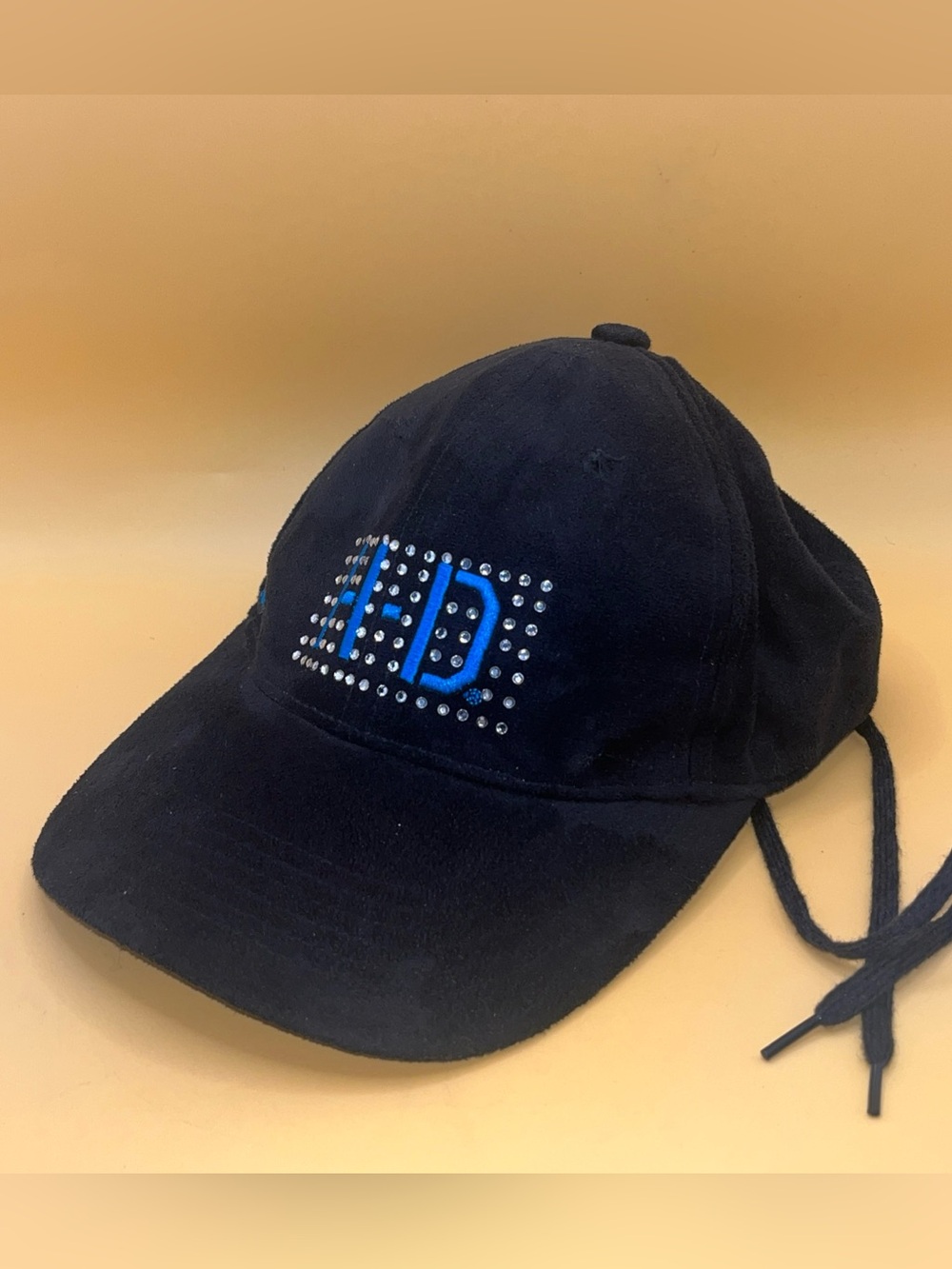 Harley Davidson Cap W LaceUp Back BLK POLY-SUEDE BLUE FRONT HD W RHINESTONES.
